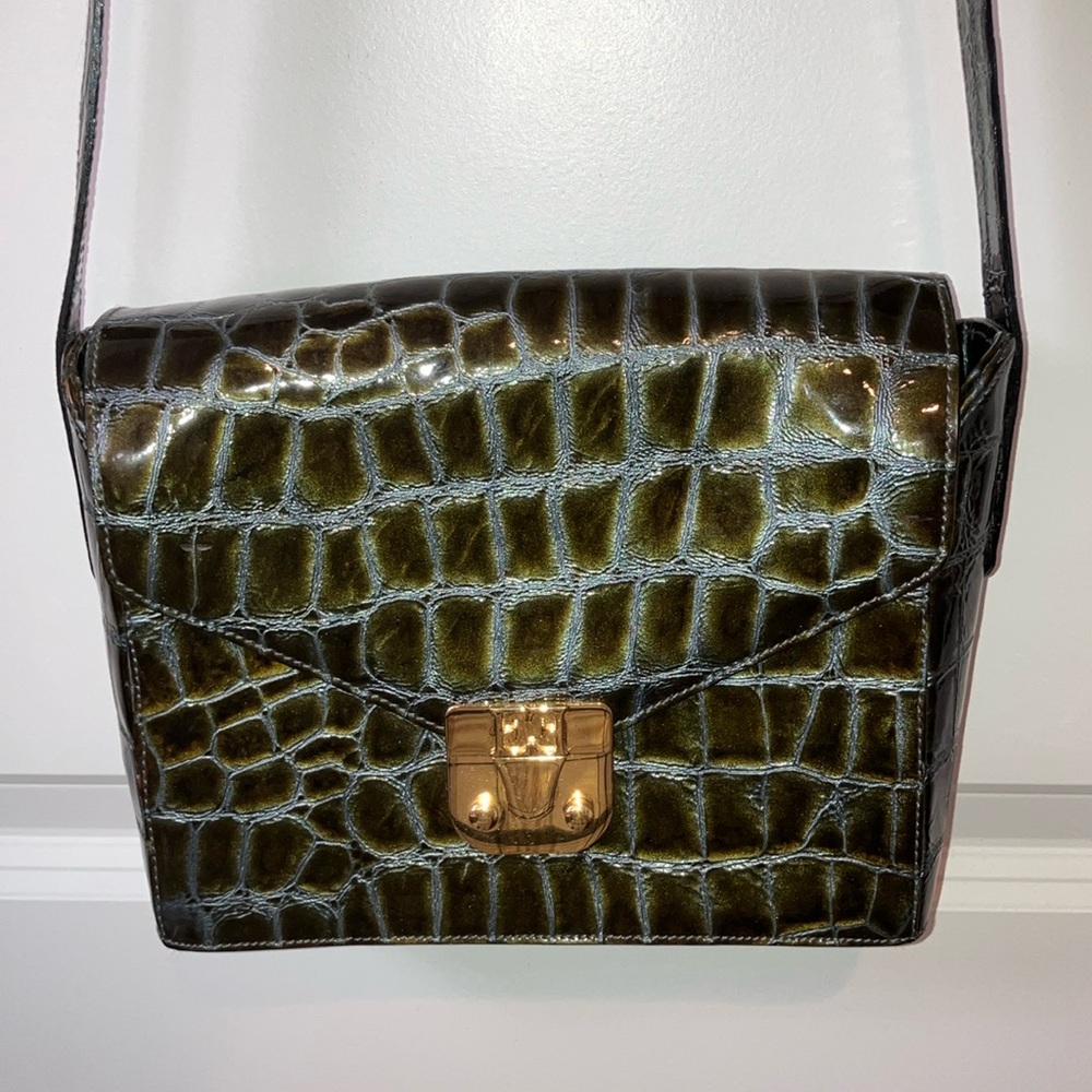 Vintage Escada Olive Green Croc-Embossed Shoulder Bag